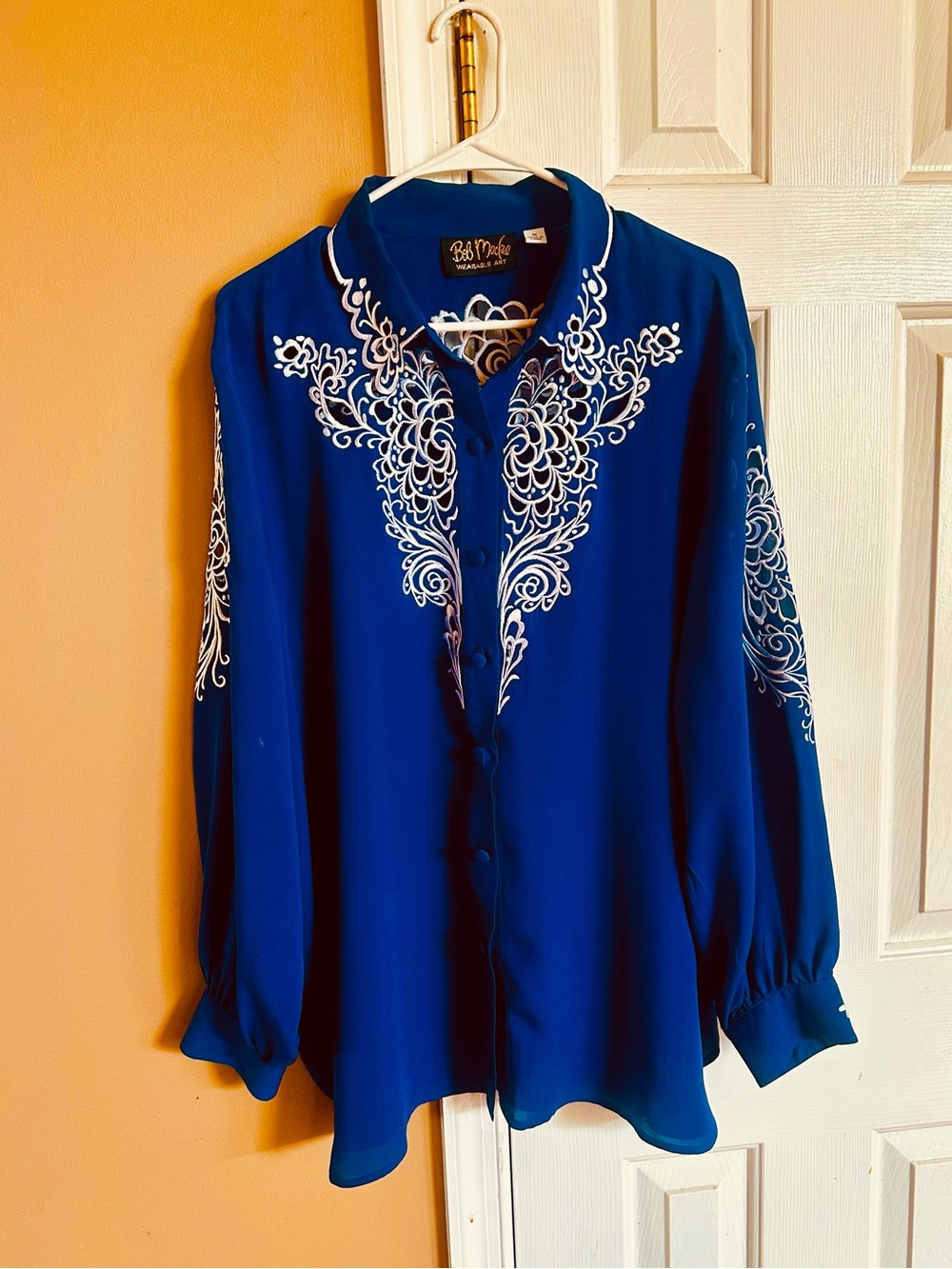 Bob Mackie Cobalt Blue Button-Down Shirt with White Embroidery